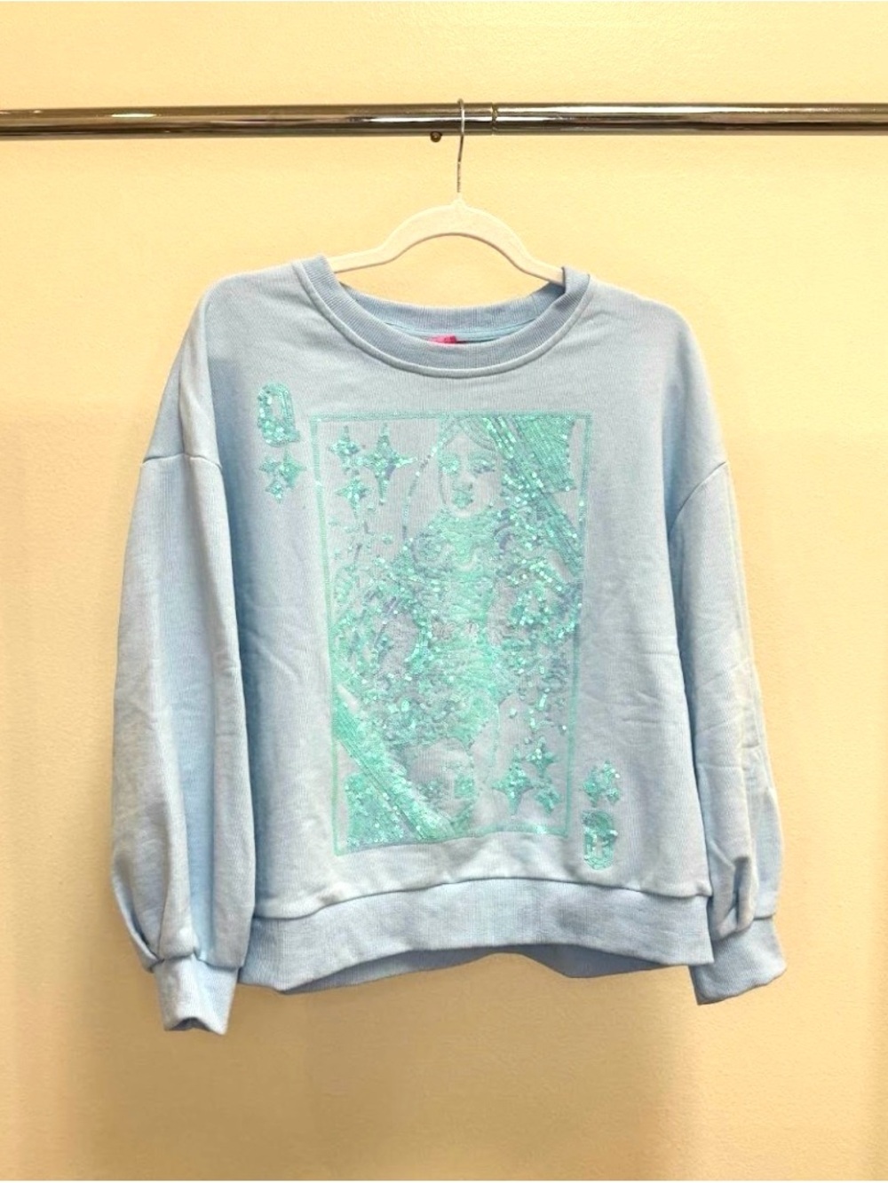 QUEEN OF SPARKLES Light Blue Sweatshirt with Aqua Sequin Queen Card Graphic